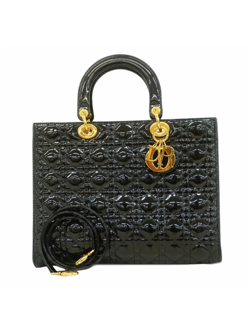 Dior Handbag Cannage Lady Patent Black Gold 2-Way Bag
